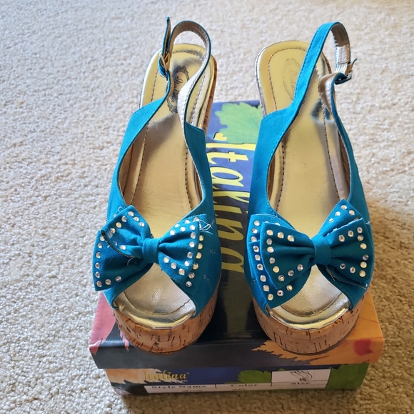 Turquoise and Rhinestone Platform Wedges - Picture 6 of 7